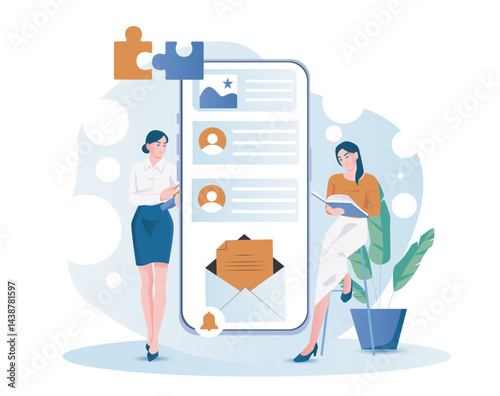 Businesswoman blogging online. Two women near large smartphone. Promotion on social networks and messengers. Business correspondence and marketing. Flat vector illustration