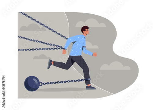 Man overcomes difficulties. Young guy running with weights on his legs. Businessman struggle ribbon. Motivation and leadership. Chained entrepreneur. Flat vector illustration