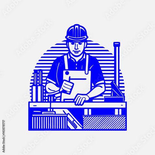 A flat-style vector illustration of a carpenter works in a workshop.