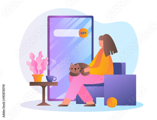 Digital detox woman. Young girl with cat on her lap sits near switched off smartphone. Care about mental health and psychology. Break from gadgets. Flat vector illustration