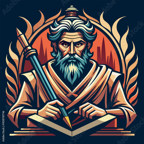 Ancient scholar holding a quill and scroll amidst fiery background representing wisdom and knowledge Generative AI