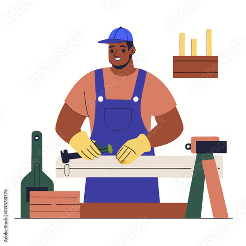 A carpenter works in a workshop image. Flat image isolated on white background. Vector illustration.