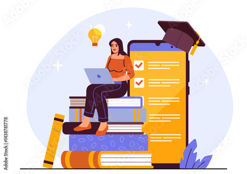 Distance learning woman. Young girl with laptop sitting on stack of books near huge smartphone. Remote training and education. Student doing homework. Flat vector illustration