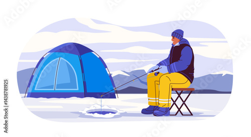 Man fishing in winter. Young guy in warm clothes sits with fishing rod near ice hole. Active lifestyle and leisure. Fisherman catch fish in cold weather. Flat vector illustration