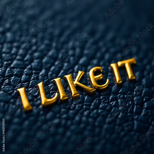 I like it text formed with gold letters on textured dark blue surface in a close up studio shot view created with generated ai