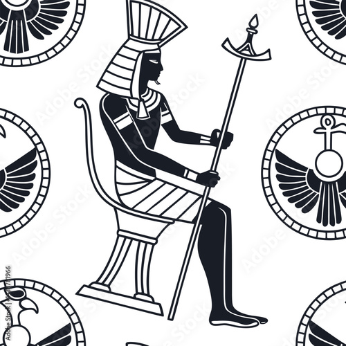 Ancient Egyptian deity seated with symbols of power in an intricate black and white design Generative AI