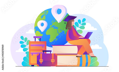 Foreign student woman. Young girl with laptop sitting on stack of textbooks. International learning and training, education. Worldwide internship concept. Flat vector illustration