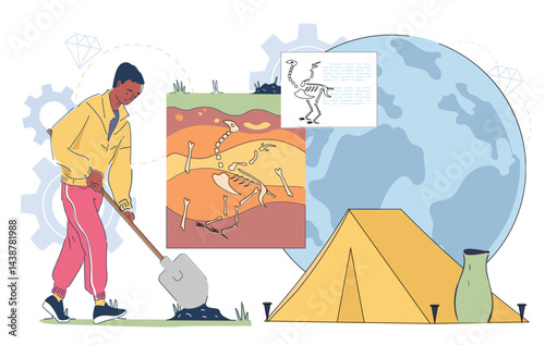 Geologist digs soil. Man with shovel digging ground. Archaeologist searches for dinosaur bones. Topography and geology, archeology. Scientific research. Linear vector illustration