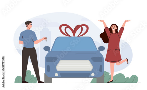 Man gives car. Young guy gives girl keys to vehicle. Automobile gift for lover. Romantic surprise for girlfriend or wife. Auto and transport. Flat vector illustration
