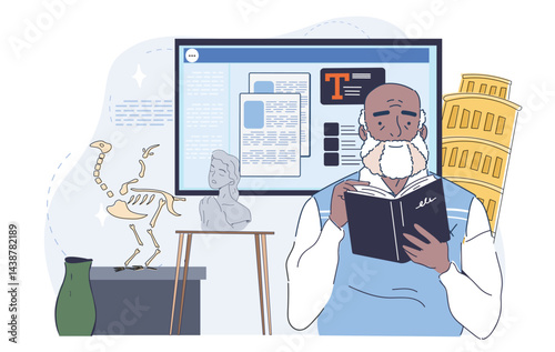 Historian man with book. Old man read textbook. Scientist explores ancient civilizations. Education and training, learning. Teacher in library. Linear vector illustration