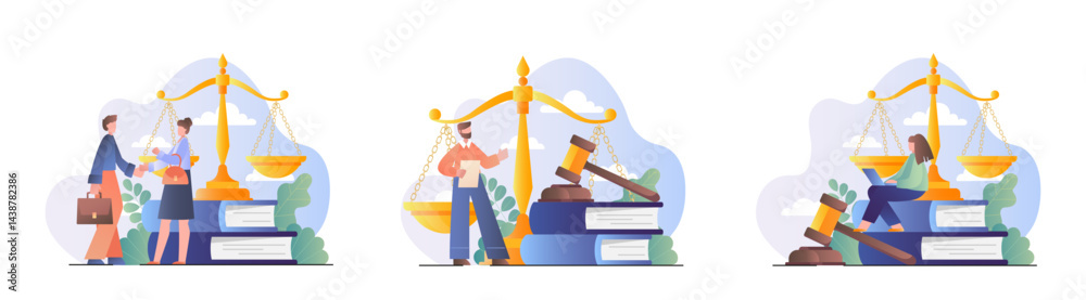 Fototapeta premium Legal services set. Man and woman near scales and stack of books. Legal support and jurisprudence. Justice and judgement. Flat vector collection isolated on white background