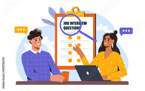 Job interview questions. Man and woman near clipboard. Headhunting and recruiting, employment. Working conversation and discussion. Survey and questionnaire. Flat vector illustration
