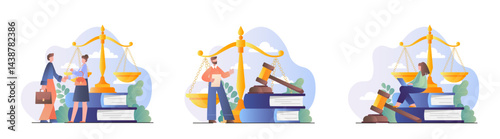 Legal services set. Man and woman near scales and stack of books. Legal support and jurisprudence. Justice and judgement. Flat vector collection isolated on white background