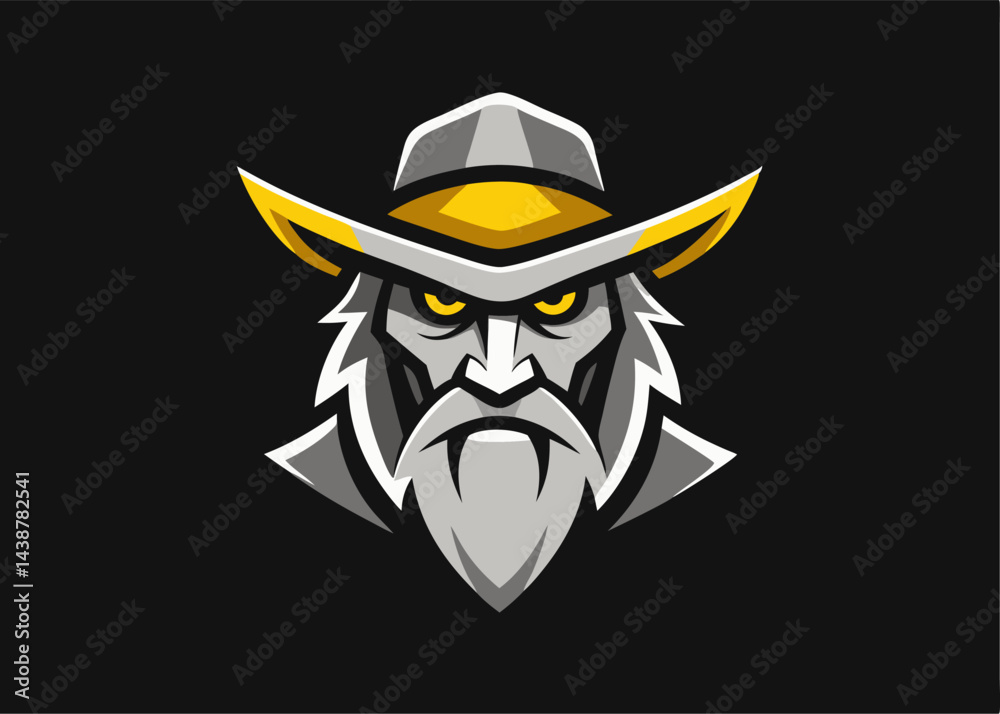 Naklejka premium Wild West Outlaw: A powerful, stylized portrait of a grizzled cowboy with a steely gaze, sporting a wide-brimmed hat and a thick beard, conveying the essence of the American West.
