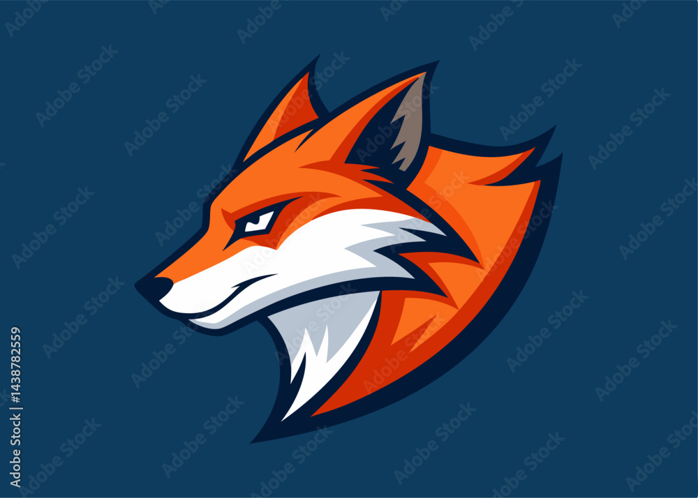 Obraz premium Red Fox Mascot: A bold and powerful illustration of a red fox mascot, rendered in vibrant colors against a navy blue background. It's perfect for team logos, branding.