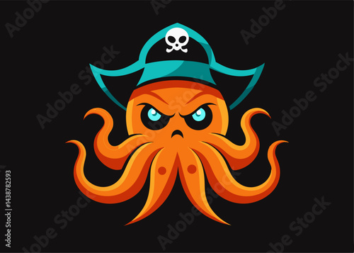 Pirate Octopus Mascot Illustration: A fierce and captivating illustration showcases an octopus adorned in a pirate hat, its stern gaze and unique design evoking both charm and a hint of adventure. 