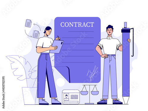 Notary service. Woman and man with pencil near contract. Law and justice, judgement. Corporate deals and agreements. Judicial verdict, rights protection. Linear vector illustration