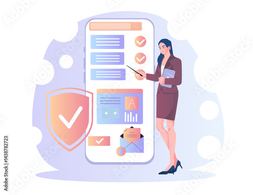 Businesswoman with online benefits. Woman near smartphone with mail and article. Benefits for employees. Organizing efficient work process. Flat vector illustration