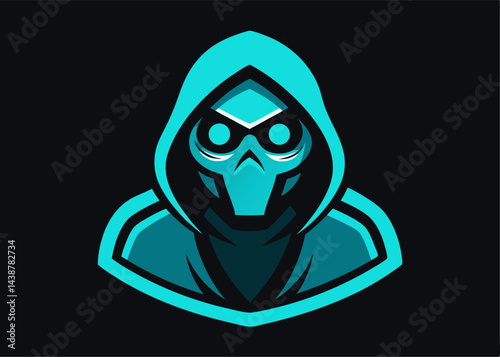 Cyberpunk Vigilante Emblem: A striking emblem of a masked figure with a futuristic aesthetic, rendered in vibrant teal against a contrasting dark backdrop.
