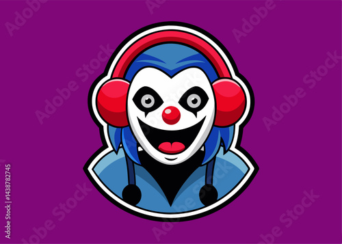 Sinister Sound: A cartoonish, somewhat sinister clown with striking white face paint, blue hair, and red headphones, all set against a vibrant purple background.
