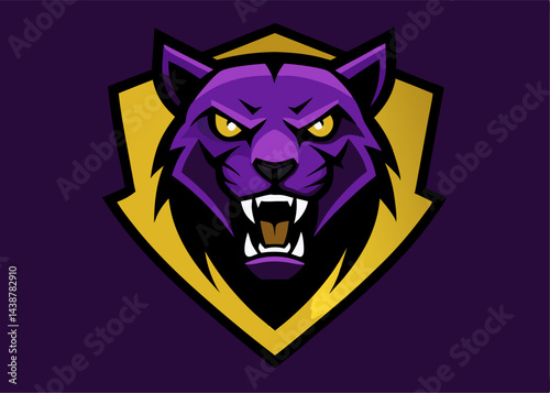 Purple Panther Mascot Logo: A fierce purple panther head, set within a golden shield, embodies power, strength, and team spirit. Perfect for esports, sports teams.