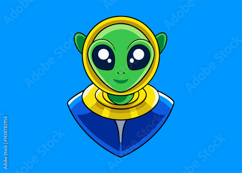 Cosmic Observer: A vibrant cartoon illustration of an extraterrestrial being with striking features against a vivid blue backdrop.