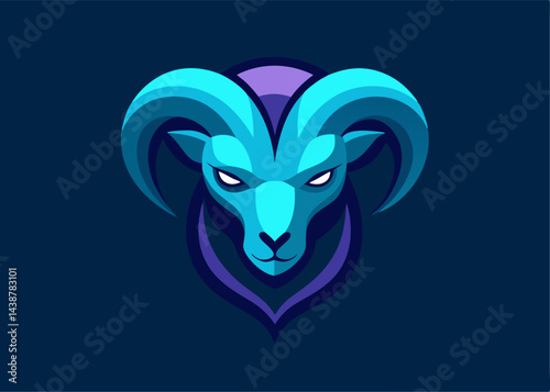 Mystical Ram Icon: A captivating illustration of a ram head in vibrant teal and purple hues, exuding an aura of mystique and power against a dark background.