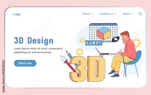 Man 3d designer landing page. Young guy modeling cube and pyramid. Graphic designer creating isometric design for website. Poster or banner for website. Linear vector illustration