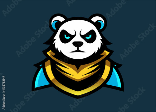 Panda Mascot: A striking illustrated mascot of a panda bear with an intense stare, adorned with a stylized scarf, set against a solid background.
