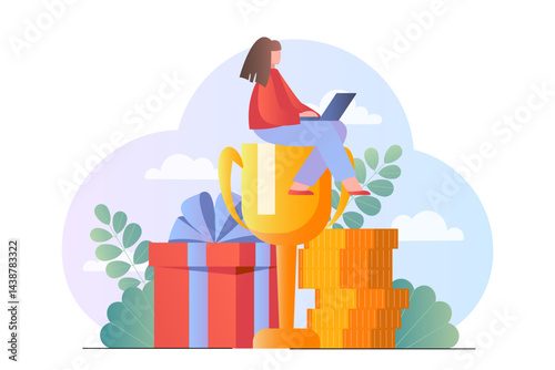 Woman with business award. Young girl sitting on golden cup and gift boxes. Trophy and cup. Reward for best employee. Ambitions and success. Flat vector illustration