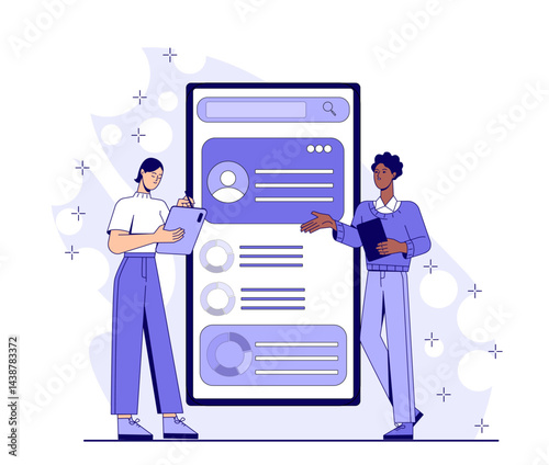 Online managers team. Man and woman near smartphone with graphs and charts. Collaboration and cooperation, partnership. Business analysis and consulting. Flat vector illustration