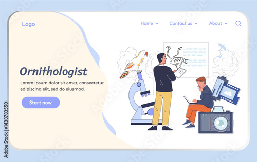 Ornithologist landing page. Two men with microscope and parrot. Ornithology and zoology, biology. People studying wildlife. Poster or banner for website. Linear vector illustration