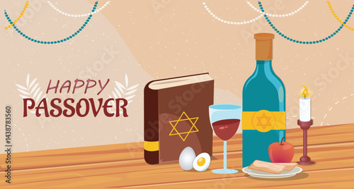 Happy passover banner. Traditional Jewish holiday. Culture and religion, belief. Kosher food and haggadah. Poster or banner for website. Flat vector illustration