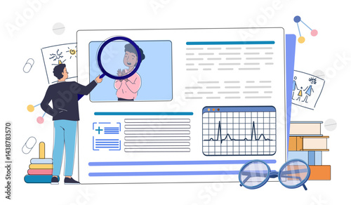 Man read pediatrician magazine. Young guy with loupe read article. Healthcare and medicine. Medical information for diagnosis and treatment. Linear vector illustration