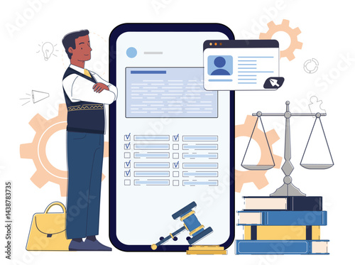 Political party program. Man near scales and judges gavel. Lawmaking and politics. Political campaign. Candidate for president or government. Linear vector illustration