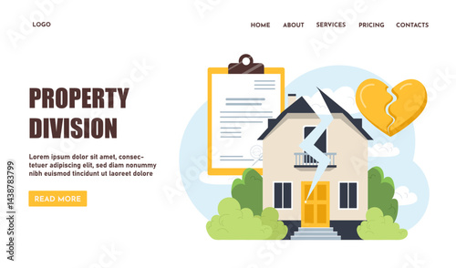 Property division landing page. Divorce and separation. Mortgage and rent. Legal Deals Between exwife and exhusband. Poster or banner for website. Flat vector illustration