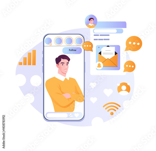 Related topic observing. Man on smartphone screen. Promotion in social networks and messengers. Influencer and content creator, blogger. Flat vector illustration