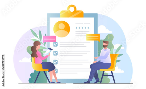 Search for employees. Man and woman talking at job interview. HR manager and candidate for vacancy. Headhunting and recruitment, employment. Flat vector illustration