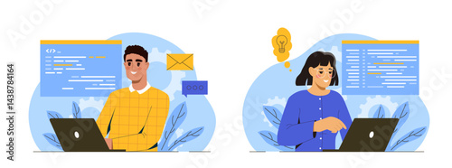 Software developers coding. Man and woman with laptops writing code, developing software. Teamwork and partnership. IT specialists develop programs and applications. Flat vector illustration