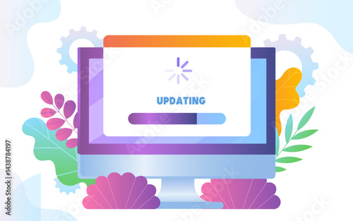 Software updating concept. Computer with update progress bar. Software installation. Hardware upgrading. Downloading and uploading file process. Flat vector illustration
