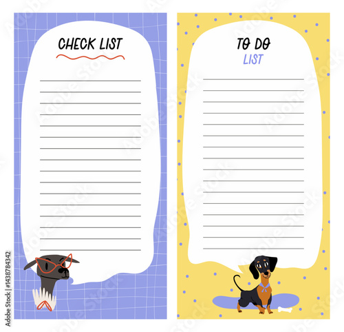 To do and check list template on blue and yellow background with cute dog. Vector illustration pet character design for planner, memory, notes page concept