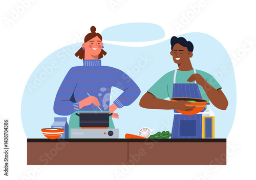 People cook together. Man and woman prepare salad and cook soup. Wife and husband making breakfast or dinner. Couple prepare healthy homemade eating. Flat vector illustration