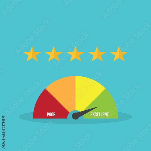 Rating, five star rating with measuring success gauge scale. Vector illustration.