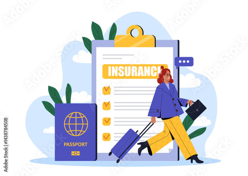 Woman with travel insurance. Young girl with luggage near passport and insurance contract. Holiday and vacation. Journey and adventure. Travel and tourism. Flat vector illustration