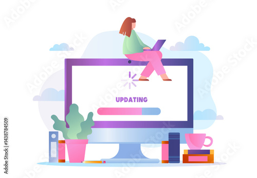 Woman updating software. Young girl with computer uploading operating software. Programmer downloads files. Fixing problems, troubleshooting and computer maintenance. Flat vector illustration