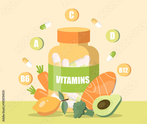 Jar with vitamins complex. Proper diet and nutrition, healthy eating. Natural supplements. Antioxidants and multivitamin complex. Salmon, avocado and carrot. Flat vector illustration