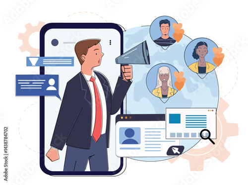 Website promotion online. Man with loudspeaker on smartphone screen. Marketer promotes content on Internet. Advertising and marketing. Linear vector illustration