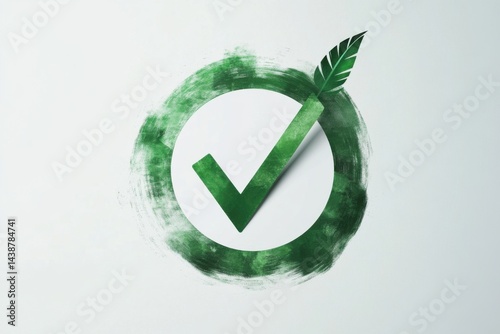 Eco-friendly certification mark.  A green checkmark within a circle, surrounded by a painted green halo, signifying approval and sustainability