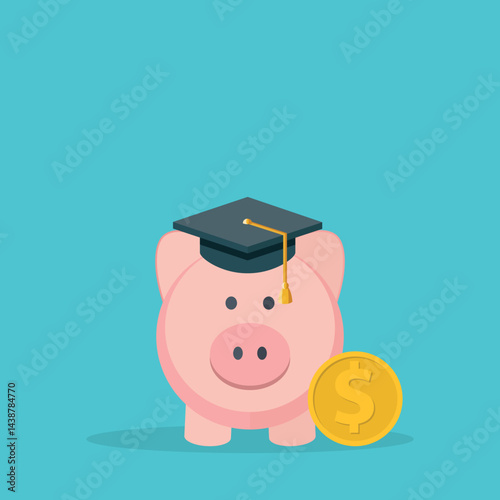 Graduation cost, expensive education, scholarship loan budget, education savings and investment concept. Piggy bank in flat design.	