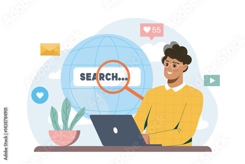 Man surfing the net. Young guy with laptop searching information on internet. User watch post in social networks or checking electronic mail. Flat vector illustration